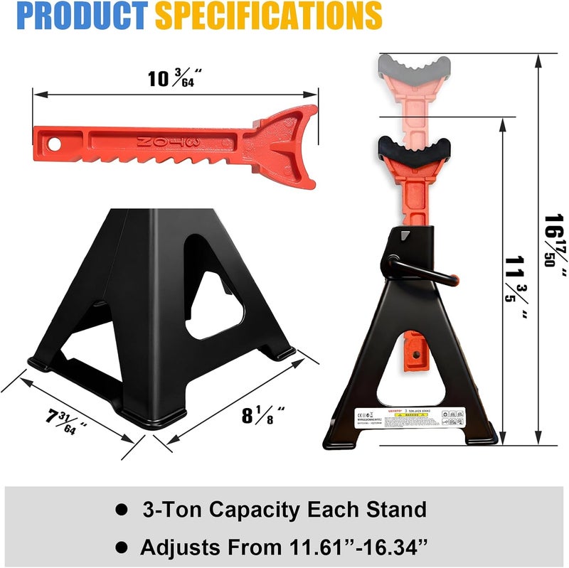 USYATO Upgraded 3 Ton Jack Stands (6,600 LBs) with 2 Crossbars & Double Locking - Heavy Duty Car Jack Stand for Trucks, SUV, Car, UTV/ATV Garage Lifting Tool, 11.61" to 16.34" Height, 1 Pair - Image 2